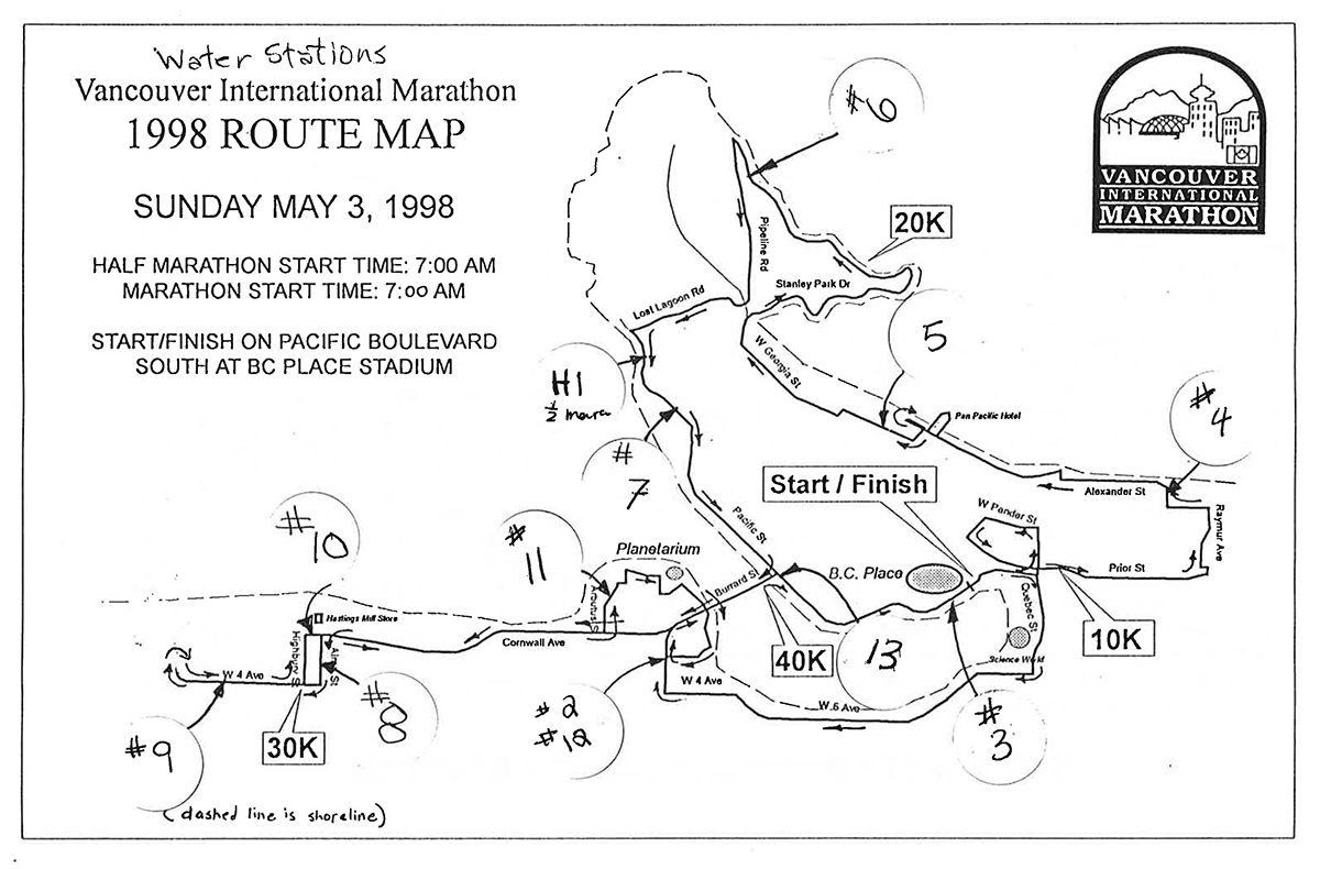 1990, 1991, 1992, 1993, 1994, 1995, 1996, 1997, 1998 Marathon Course. Vancouver Marathon RUNVAN